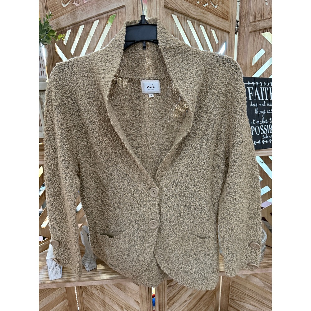 ECI New York Women's Boucle Cardigan Sweater Beige‎ Button Front Size S